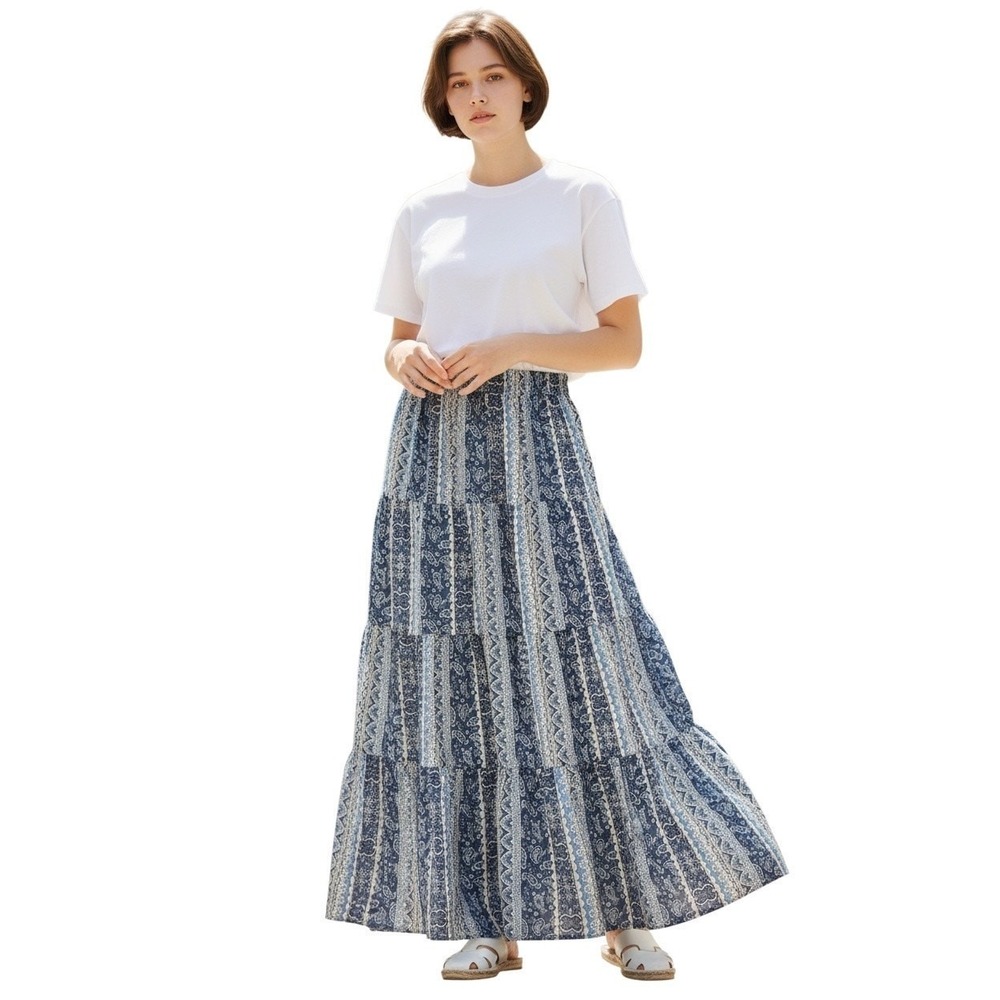 Boho Paisley Patchwork Maxi Skirt Tiered Elastic Waist Floral Blue Womens Size M